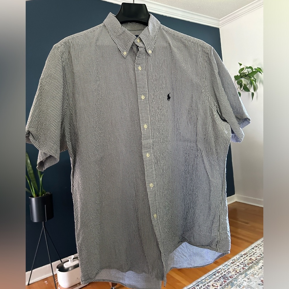 Short-sleeve button-down Polo by Ralph Lauren summer shirt, XL, gray/white